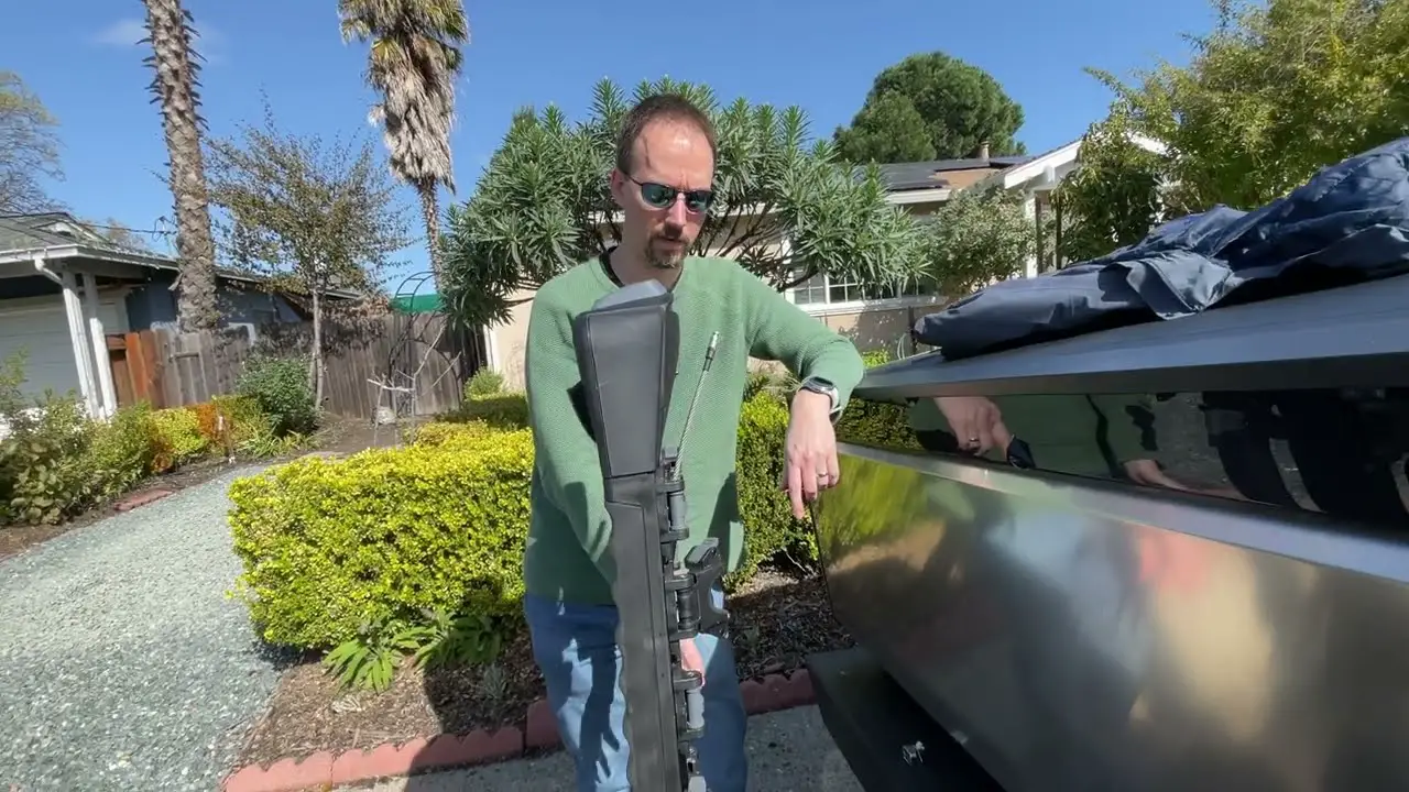 Installing a Trailer Hitch on a Cybertruck with lock pins and test fitting a Tesla Bike Rack
