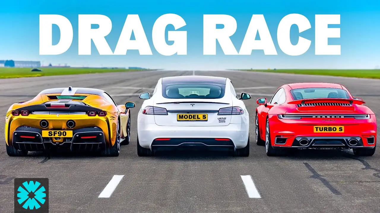 DRAG RACE: Tesla Model S Plaid v Ferrari SF90 v Porsche 911 Turbo S