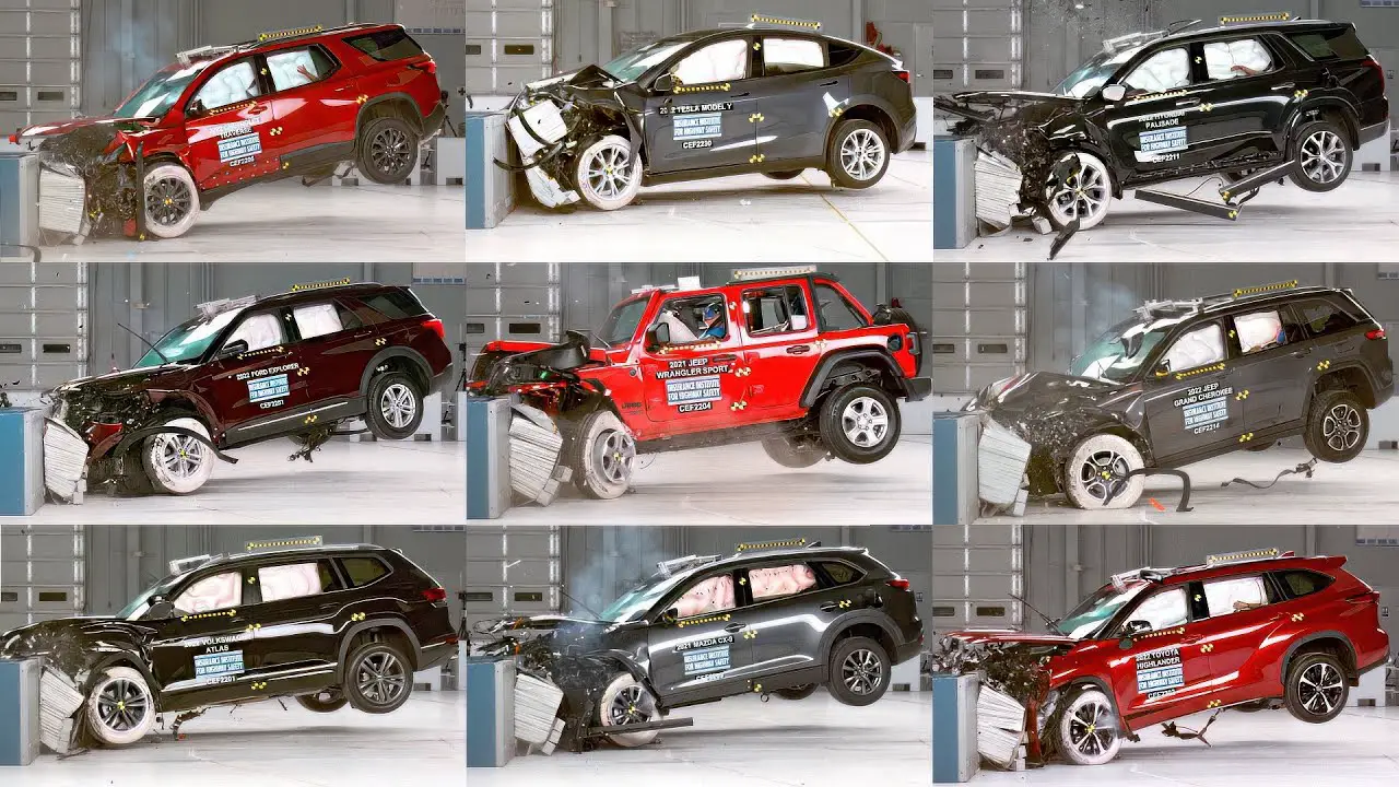 CAR CRASH TEST COMPILATION 10 Midsize SUV - Highlander, Traverse, Cherokee, Model Y, Explorer...