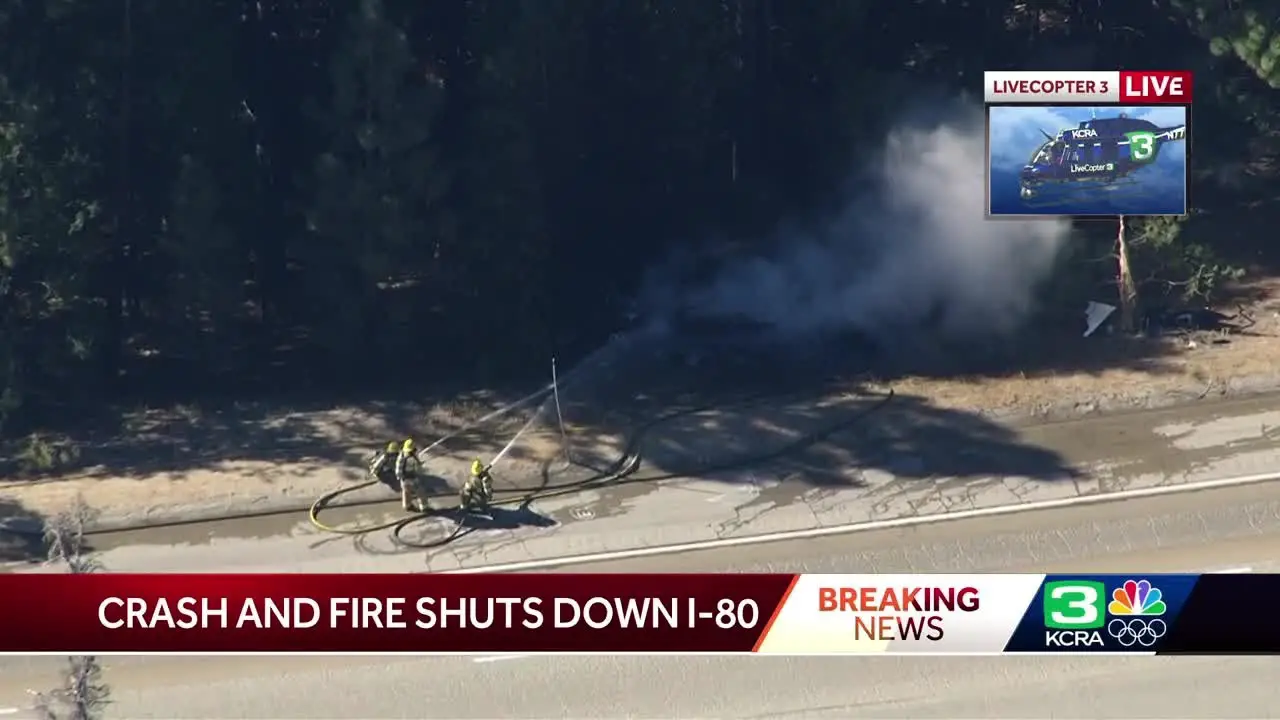 Interstate 80 shut down in the Sierra after Tesla big rig crash, fire