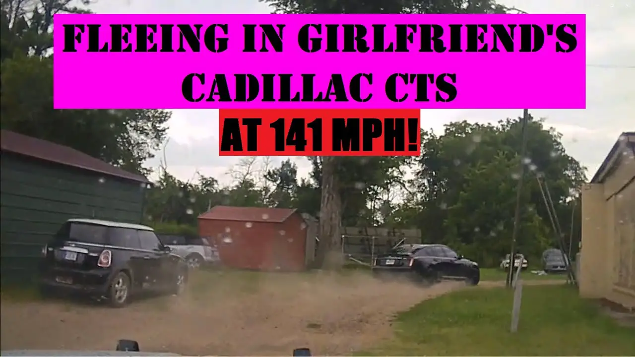 Driver decides to flee in his girlfriend's Cadillac CTS at over 140 MPH & through backyards #pursuit